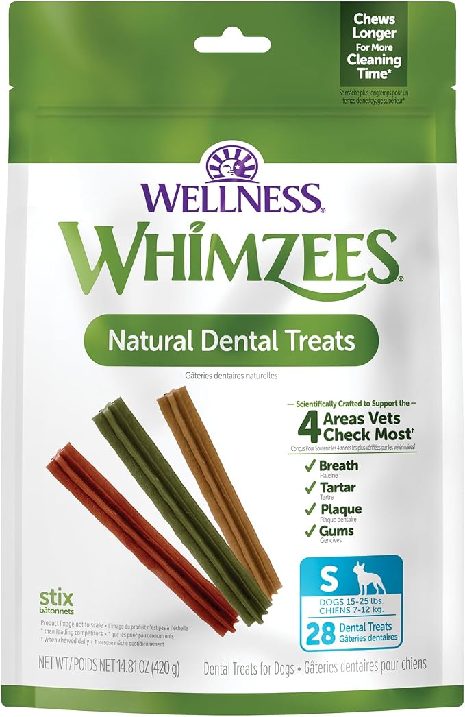 Whimzees Wellness Stix Natural Dog Dental Treat, Chews, Freshens Breath, Small Size Sticks, 14.81 oz Bag, 28 Count