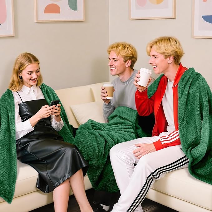 4 Pack Fleece Throw Blankets 50x60 Inches - Oeko-Tex Certified 100, 270 GSM Ultra Soft Plush for Bed, Couch and Cozy Gifts. 3D Waffle Texture, No Shedding No Pilling All Season (Green)