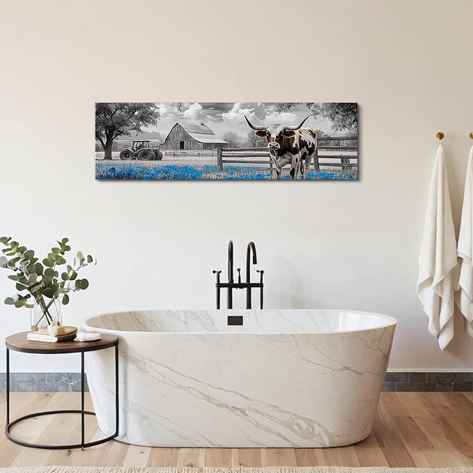 Highland Cow Wall Art Country Barn Truck Pictures for Living Room Western Wall Decor Meadow Scenery Canvas Painting Black and White Poster Prints Artwork Farmhouse Kitchen Decorations 14x48"