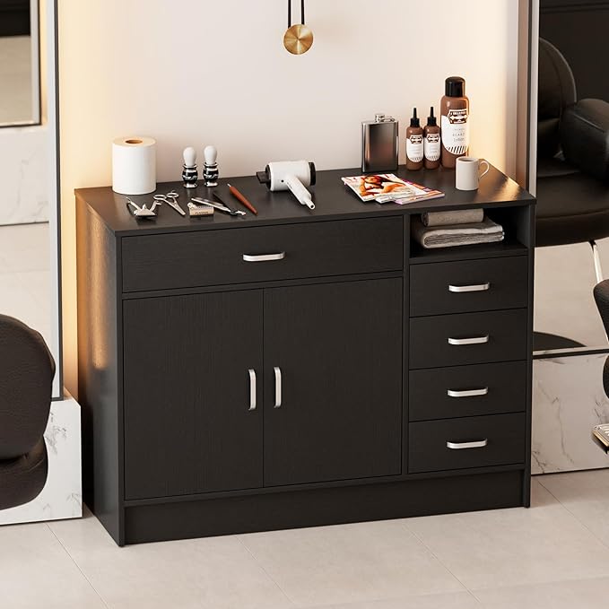 5-Drawers Salon Furniture Salon Storage Station, Free Standing Cabinet for Hair Stylist, Beauty Spa Furniture w/1 Large Capacity Cabinet & 1 Open Shelf, Spa Bathroom Equipment, Black