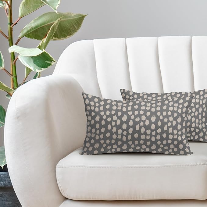 Grey Gray Cream Dots Lumbar Pillow Covers 12x20 Set of 2 Boho Design Polka Dot Print Throw Pillows Modern Outdoor Decorative Pillowcase Rectangle Linen Cushion Cases Decor for Sofa Couch Bed