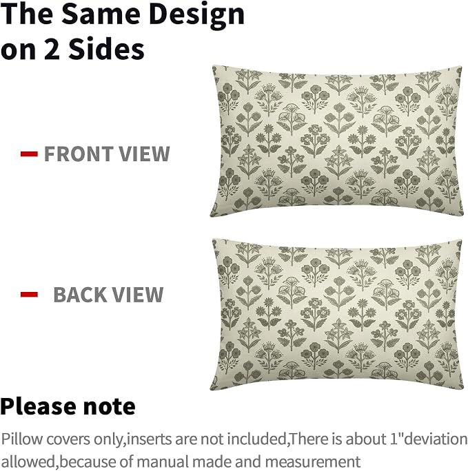 Olive Green Floral Pillow Covers 12x20 Inch Set of 2, Block Print Lumbar Flower Cream Decorative Throw Pillowcases Outdoor Farmhouse Rectangle Cushion Covers Spring Summer Sofa Couch Bed Decor