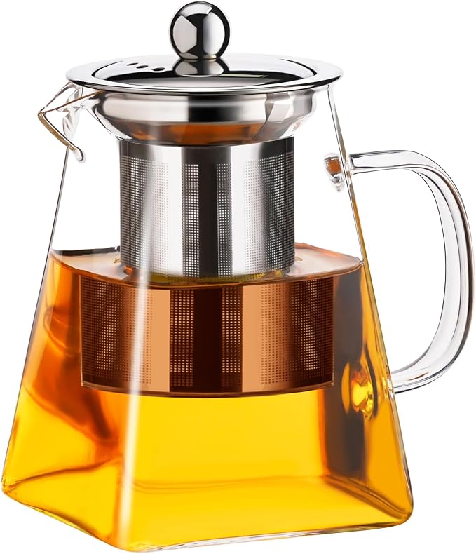 PARACITY Glass Teapot Stovetop 32OZ, Borosilicate Clear Tea Kettle with Removable 18/8 Stainless Steel Infuser, Teapot Blooming and Loose Leaf Tea Maker Tea Brewer (square, 550ML)