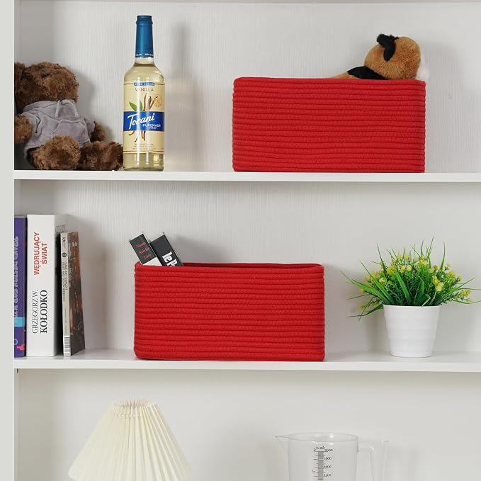 3 Pack Small Storage Baskets for Organizing, 11.8×7.8×5.1", Christmas Red | Woven Baskets for shelves, Cotton Rope Basket for Gifts Empty, Closet Organizer Bins with Handles, Cube Decorative Box