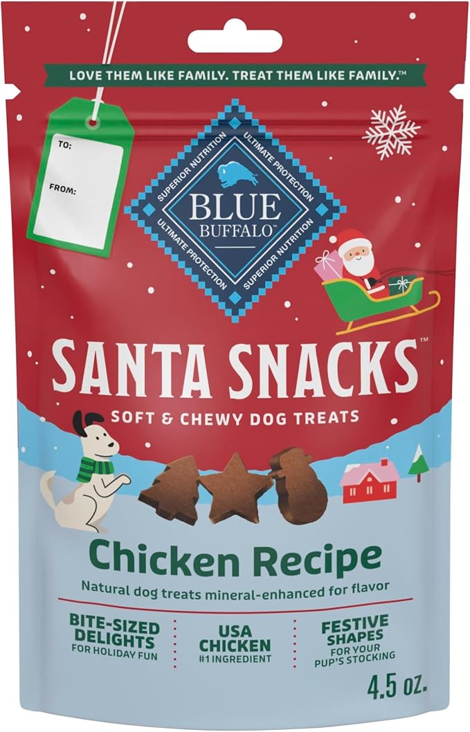 Blue Buffalo Santa Snacks Chicken Dog Treats, 4.5 oz | Limited-Time Holiday Treat, Soft-Moist Training Bits, Seasonal Shapes, No Chicken By-Product, Corn, Wheat, or Soy
