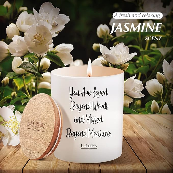 Scented Soy Memorial Candle – Glass Jar Candle Gift with 100% Organic Soy Wax & Fragrance Oil – Missing Someone Gift Decor for Women, Men, Couples, Meditation, Yoga by LaLeena, Large 14 Oz, Jasmine