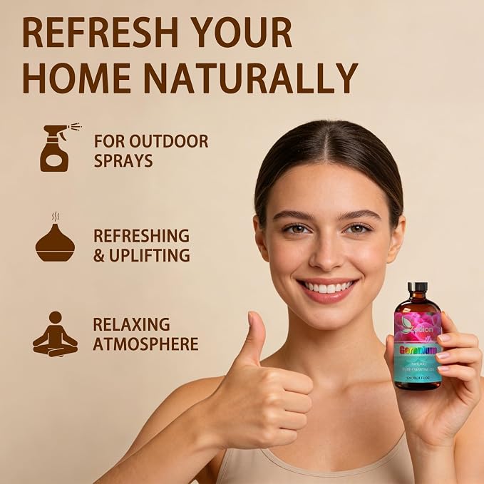 Geranium Essential Oil - Geranium Oil for Diffuser, 4 Fl Oz(120ml) | Candle Making, Soap Making, aroma, Strong Scent, Pure, Natural, Home Fragrance, Massage