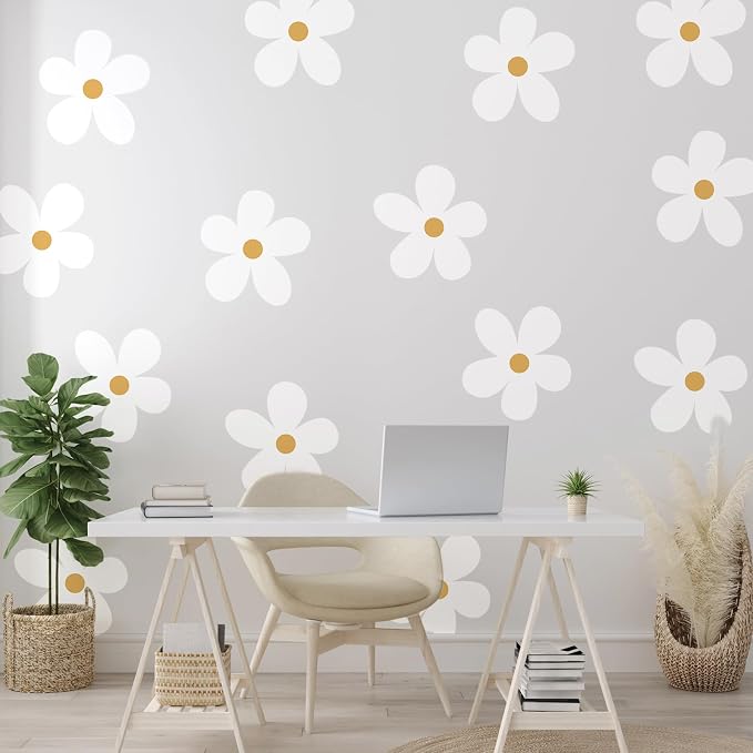 TaoBary 12 Sheet Daisy Wall Sticker Decal,White, Yellow,Charming Style | Big Flower Wall Sticker, Pink White Floral Decal, Daisy Bedroom Room Decor, Removable Peel and Stick, Nursery Home Wall Decor