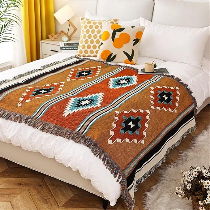 Homesy Aztec Throw Blanket Native Southwestern Bed Blankets 63"x87" Brown | Southwest Decor,Boho Style,Sofa Chair Cover,Outdoor Beach Car Tent Travel Camping Use,Tapestry,Reversible and Tassels