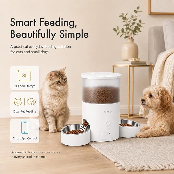 3L Dual Automatic Pet Feeder - Smart & Quiet Cat Automatic Feeders for 2 Cats with App Control, 2 Way Audio, Dual Power Options, Portion Control, Self-Feeding Cat Food Dispenser - White