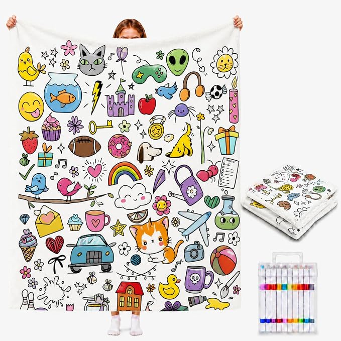 VEELU DIY Cartoon Coloring Blankets with 24 Colors Markers for Adults | Color In Your Own Blankets With 24 Colors Markers, Snuggle Color Sketch Washable Blankets Kit Home Decor