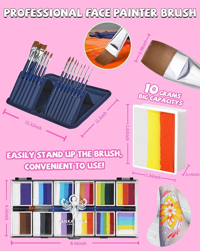 Anka Bella Professional Face Painting Kit for Kids,12X10gm Water Based Split Cake Face Paint with Stencil & Brushes,Hypoallergenic & Non-Toxic,Gift for Birthday Parties/Halloween/Carnival