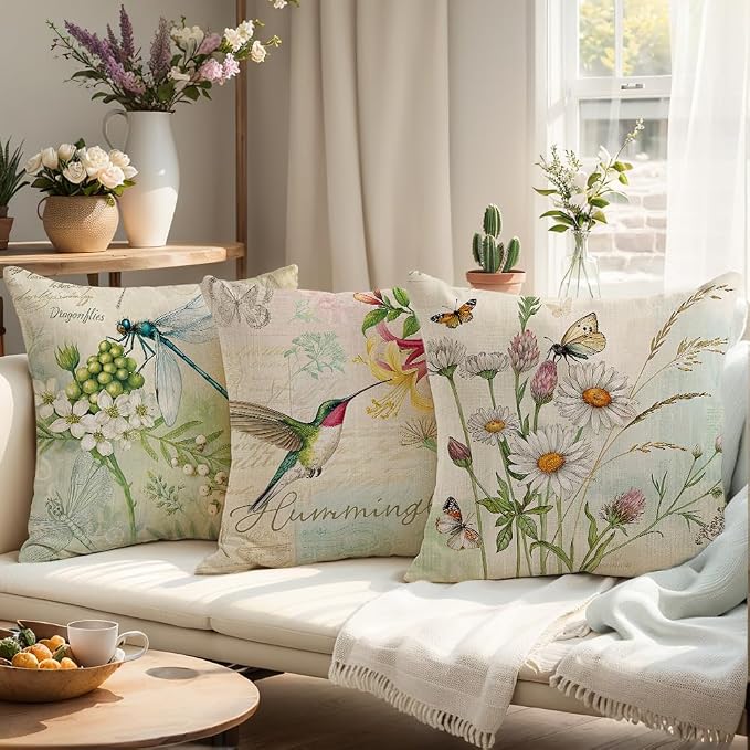 wyooxoo Throw Pillow Covers 18x18 Set of 4 Spring Summer Pillow Covers Flower Bird Farmhouse Outdoor Decorative Cushion Case for Sofa Couch Living Room