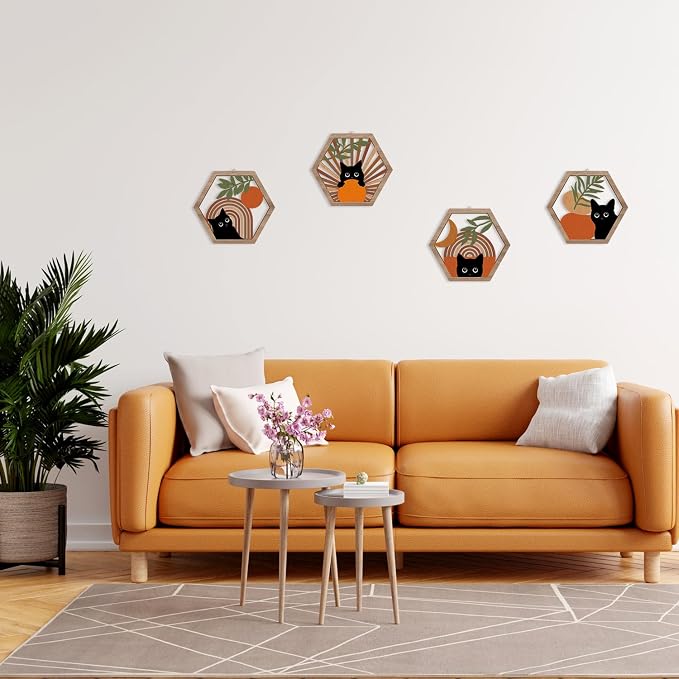 Boho Black Cat Wall Decor, Farmhouse Geometric Hanging Wooden Wall Art, 4 Pieces 11''x9.8'' Mid Century Bohemian Abstract Moon and Sun Wood Sign for Nursery Bedroom Decoration, Lovely Cat Gifts