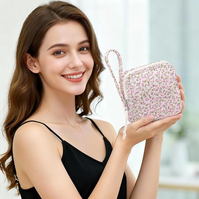 Small Makeup Bag | Discreet Period Bag Pad Pouch for Purse | Sanitary Napkin Storage & Tampon Holder for Travel (Flower Pink)