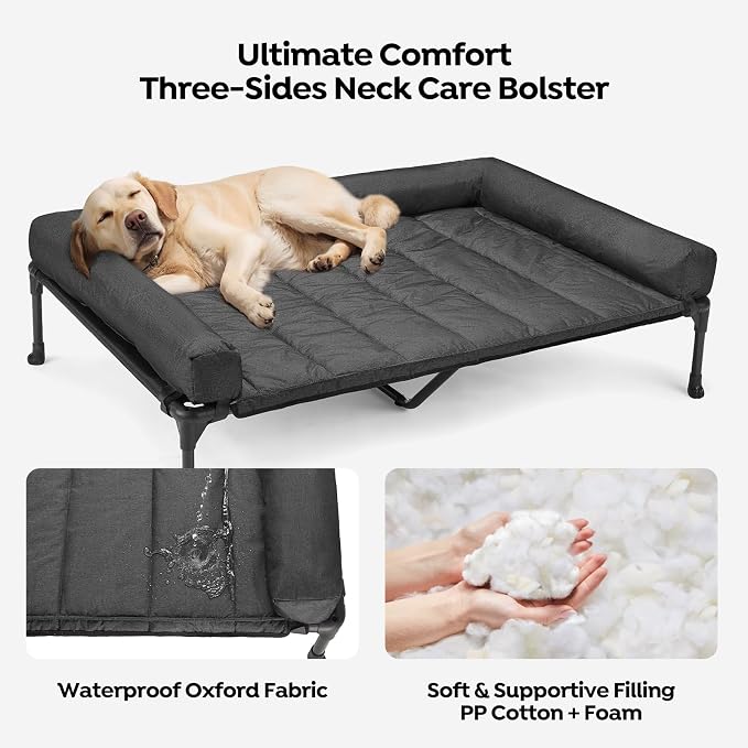 Veehoo Outdoor Elevated Dog Bed with Waterproof Bolster Cushion, Cooling | Raised Dog Bed with Removable & Washable Mat Topper, Breathable Mesh, Dog Couch Cot for Indoor Outdoor, 49", Large, Black