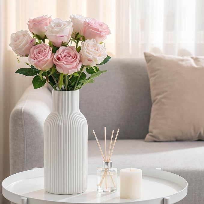 White Ceramic Vase, Modern Matte Ribbed Flower Vase for Pampas Grass, Fresh & Dried Flowers, Waterproof Decorative Home Decor for Living Room, Coffee Table, Bookshelf & Entryway
