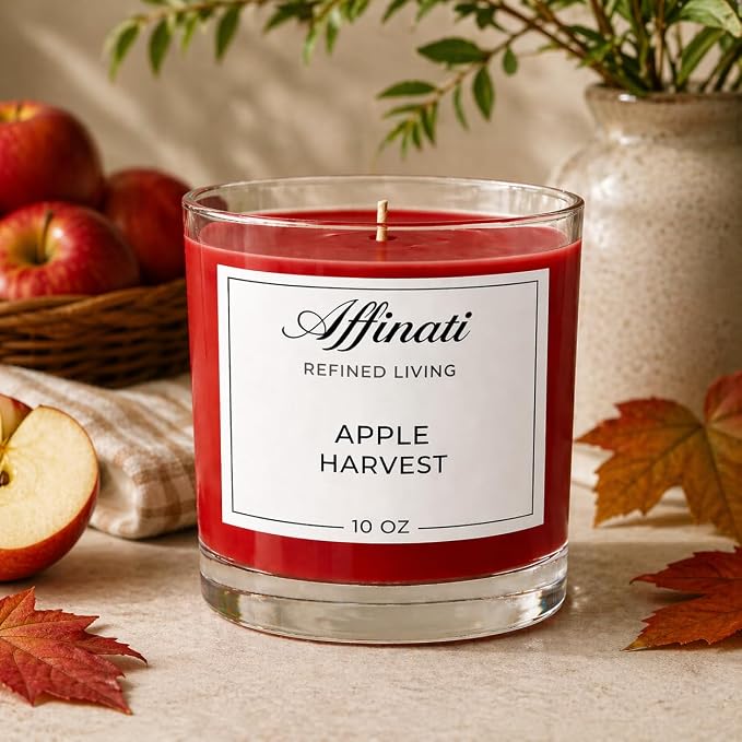 Apple Harvest Affinati 10 oz Scented Candle for Home – Long Lasting Fruity Soy Blend Candle with Wooden Wick, Strong Scent Throw Glass Jar Candles, Premium Clean Burning Aromatherapy Gifts