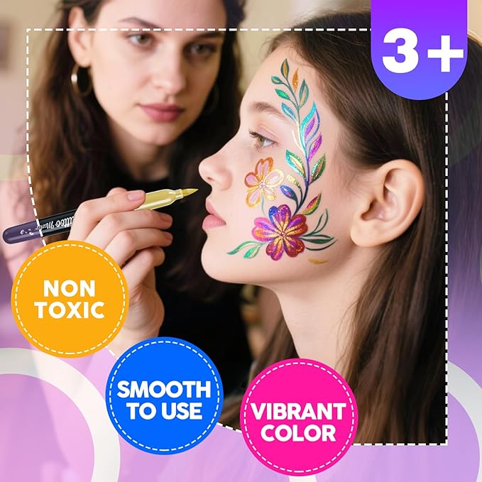 ThEast 10 Colors Metallic Face Paint, Athena Face Body Paint, Temporary Tattoo Markers for Skin, Face Painting Kit Body Markers Christmas Stocking Stuffers
