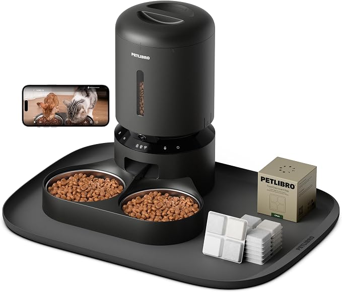 Bundle of PETLIBRO Automatic Cat Feeder with Camera for 2 Cats (Dual Tray, Black) and 6 Packs Pet Food Desiccant Bag and Silicone Cat Food Mat