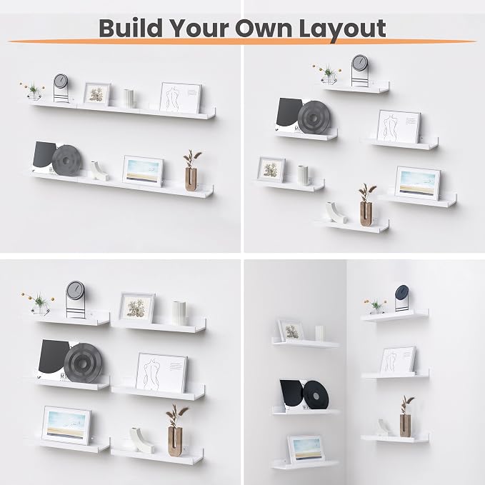 upsimples Floating Shelves for Wall Decor and Storage, White, 6Pcs 15.7'' | Wall Mounted Wood Shelves for Living Room, Bedroom, Bathroom, Kitchen, Office, Laundry Room Display and Organize