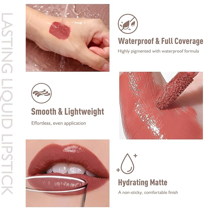 3-in-1 Lip Kit - Matte Liquid Lipstick for Women Brown Lip Liner and Gloss Set Long Lasting Lip Tint Nude Smudge Proof Highly Pigmented Lipcolor Trio Non-Stick Cup Velvet Lip Gloss Makeup