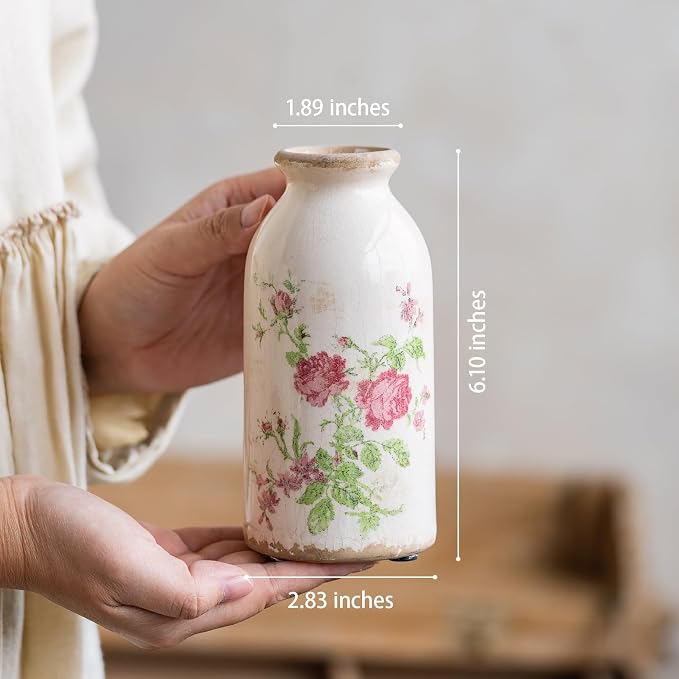 Ceramic Rustic Farmhouse Vase, Distressed Flower Vase for Home Decor, Ideal Shelf Decor, Boho Vase for Living Room Bedroom Kitchen Office Decor Centerpiece Table Decorations (6 inches)