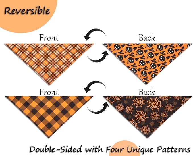 Fall Dog Bandanas 2PCS Halloween Pumpkin Spider Web XLarge Dogs | Reversible dog bandanas for fall & Halloween & Thanksgiving. Orange plaid/pumpkin/Spider Web design. Fits extra large dog