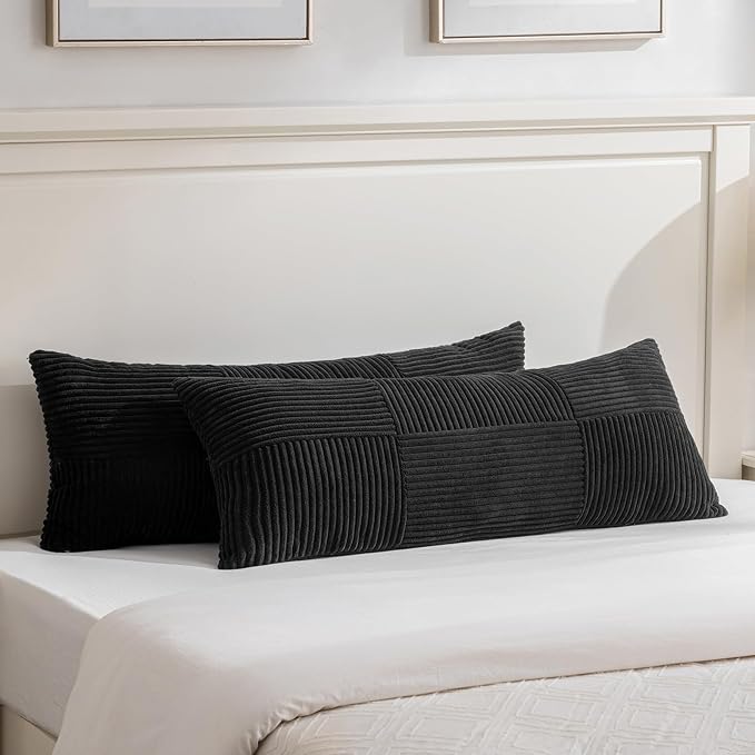 Fancy Homi Set of 1 Black Boho Long Lumbar Body Decorative Throw Pillow Cover 21x54 Inch for Bed Couch Bedroom Bench, Soft Patchwork Corduroy Textured Pillow Case, Rustic Farmhouse Room Decor