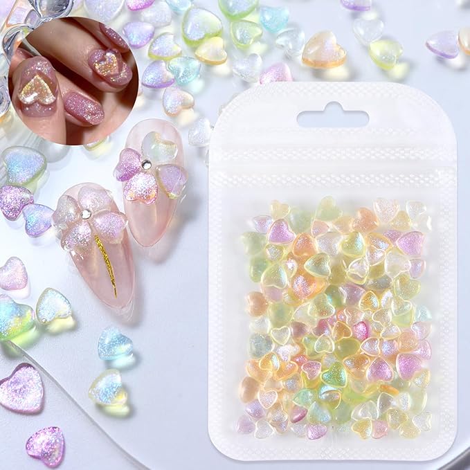 100PCS Mini Love Heart Nail Charms 3D Light Pink Heart Rhinestone Love Japanese Korean Super Sparkling Flat-Back Colorful Small Peach Hearts Resin Nail Accessories DIY Design for Acrylic Nails Decor