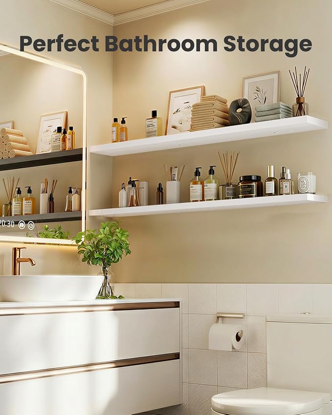 AMADA HOMEFURNISHING 47.2" L Floating Shelves, Wall Shelves Set of 3 for Bathroom/Living Room/Bedroom/Kitchen, White Floating Shelves for Wall Decor with Invisible Brackets - AMFS55W