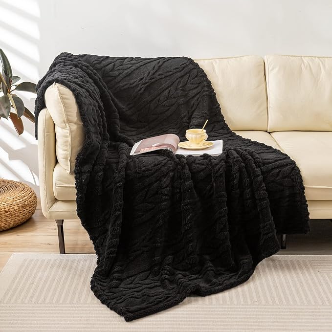 YUSOKI Sherpa Fleece Large Throw Blanket, Black, 50"x65" | 3D Stylish Design,320GSM, Non-Shedding, Lightweight for All Season Use, stays fluffy after repeated washes, Perfect Gifts