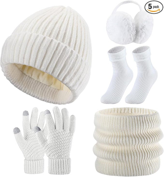 SATINIOR 5 Pcs Winter Beanie Hat Scarf Gloves Set Fleece Lined Knit Hat Warm Touch Screen Gloves Earmuff Warmer for Women(White,Fashion Style)