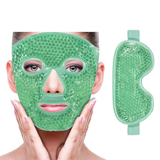ZNÖCUETÖD Cooling Ice Face Eye Mask for Reducing Puffiness, Bags Under Eyes,Sinus,Redness,Pain Relief,Dark Circles, Migraine,Hot/Cold Pack with Soft Plush Backing(Green(1* Eye Mask+1*Face Mask))