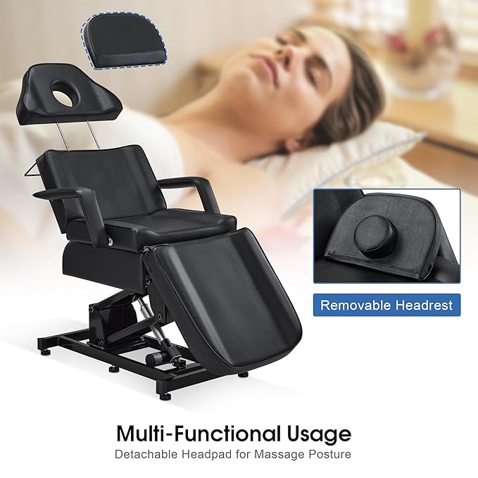 BarberPub Fully Electric Facial Bed with 3 Motor for Esthetician, Electric Tattoo Chair for Client, Facial Bed for Esthetician, Electric Adjustment 2751 (Black, Height (Flat): 25.2"–37")