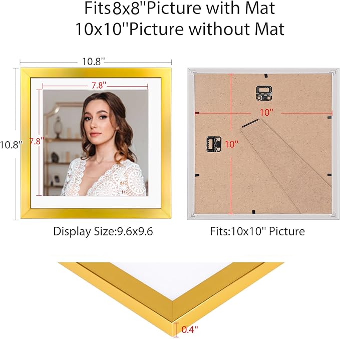 10x10 Picture Frame Set of 9, Display Pictures 8x8 with Mat or 10x10 without Mat, Multi Collage Gallery Square Photo Frames for Wall or Tabletop, Gold