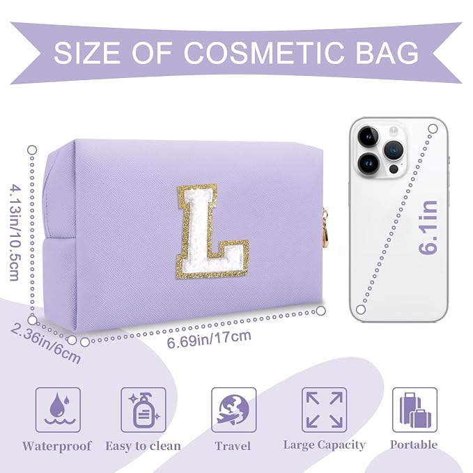Personalized Makeup Bag Initial A-Z Preppy Patch Bag,Small PU Leather Travel Cosmetic Bag Pouch with Zipper,Purple Cute Toiletry Bag,Gift Ideal for Teen Girls Women Birthday Friend Mom,Latter L