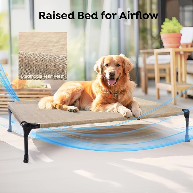 Veehoo Outdoor Elevated Dog Bed with Waterproof Bolster Cushion, Cooling | Raised Dog Bed with Removable & Washable Mat Topper, Breathable Mesh, Dog Couch Cot for Indoor Outdoor, 32", Medium, Beige