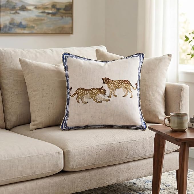 patdrea Designer Vintage Linen Throw Pillow Cover,18"x18",Set of 2-Fromm E | Elegant Decorative Pillow Case with Zipper,Leopard Pattern,Pillow Cover for Couch Living Room Bedroom Sofa