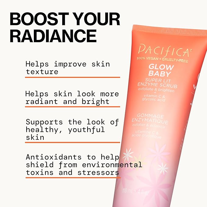 Pacifica Glow Baby Exfoliating Face Scrub, Brightening Enzyme Facial Cleanser w/ Vitamin C & Glycolic Acid for Radiant Smooth Skin, Unclogs Pores & Removes Dead Skin, Microbead-Free Vegan (4 fl oz)