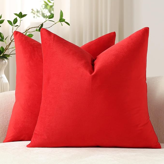 Euro Sham Covers 24x24 Christmas Red: Pack of 2 Cozy Soft Velvet Square Modern Luxury Decorative Throw Pillow Cases for Sofa Couch Living Room Bed Home Decor