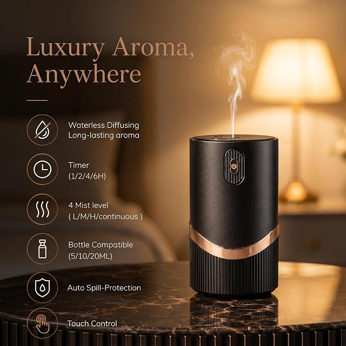 Waterless Essential Oil Diffuser, Mini Scent Air Machine Portable Diffuser for Home Car Office, Battery Operated Aromatherapy Diffuser with 10mL Hotel Scent Fragrance Oil, Timer & 4 Mist Levels, Black