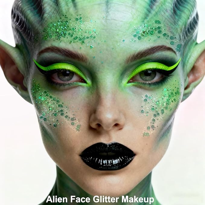 MEICOLY Green Face Body Glitter,Christmas Face Glitter Stocking Stuffers,Green Accessories for Spirit Week Alien Costume,Face Paint Glitter Makeup for Halloween Festival Rave Outfits