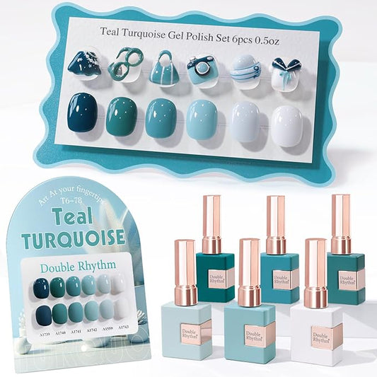 Double Rhythm 6 Pcs 15 ML Gel Polish Set Same Color Same Bottle Soak Off Gel Polish Kit Nail Art Manicure Salon DIY at Home for Women (White Light Green Teal Blue Turquoise-T6-78)