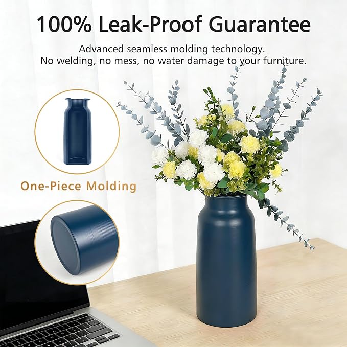 Deep Blue Seamless Metal Flower Vase, 10.8" Modern Flowerpot Minimalist Boho Home Rustic Centerpiece Farmhouse Retro Metallic Vases Decorative for Pampas Grass Bouquet, Anniversary Wedding Gift