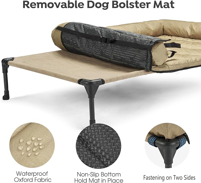 Veehoo Outdoor Elevated Dog Bed with Waterproof Bolster Cushion, Cooling | Raised Dog Bed with Removable & Washable Mat Topper, Breathable Mesh, Dog Couch Cot for Indoor Outdoor, 42", Large, Beige