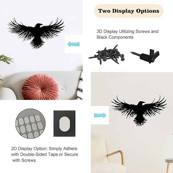 Metal Raven Wall Art, 3D Viking Crow Decor for Gothic Home, Black Outdoor | Striking 3D raven/crow sculpture, gothic & viking inspired, weatherproof for both indoor and outdoor display