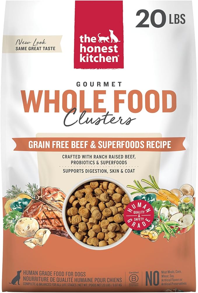 The Honest Kitchen Grain Free Beef & Superfoods Whole Food Clusters, Human Grade Dry Dog Food, Vet-Crafted Nutritional Support for Skin, Coat, Digestion & Overall Wellness, 20 lb Bag