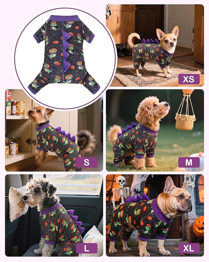 CuteBone Dinosaur Costume Halloween Dog Pajamas, Stretchy Spandex Crystal Velvet Sleepwear Coat for Small Dogs, Soft & Warm Pet Outfit Clothes for Cold Weather, Cozy Pullover Design COSP24L