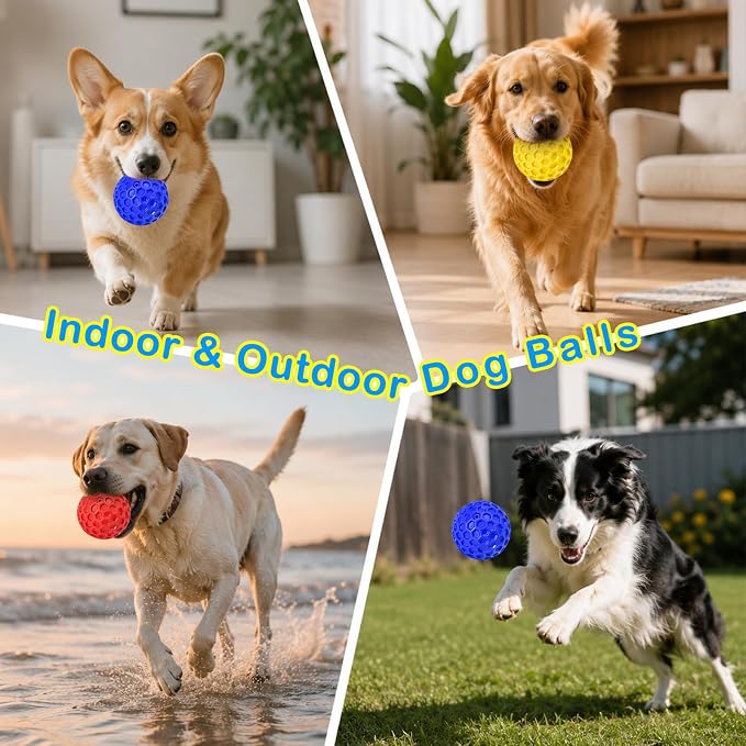 3 Pack Indestructible Squeaky Dog Balls for Aggressive Chewers, Interactive Dog Toys for Teething, Relieving Anxiety. Chew Toy for Large, Medium Breeds, Outdoor Rubber Balls.